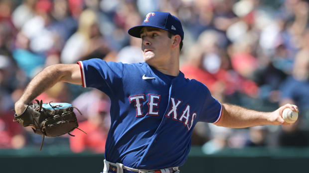 Sep 17, 2023; Cleveland, Ohio, USA; Texas Rangers starting pitcher Cody Bradford (61) throws a pitch during the first inning against the Cleveland Guardians at Progressive Field. Mandatory Credit: Ken Blaze-USA TODAY Sports